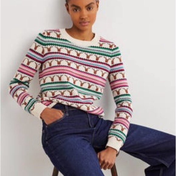 Boden Reindeer Fair Isle Christmas Cream Pink Green Holiday Sweater Size M - Picture 4 of 8